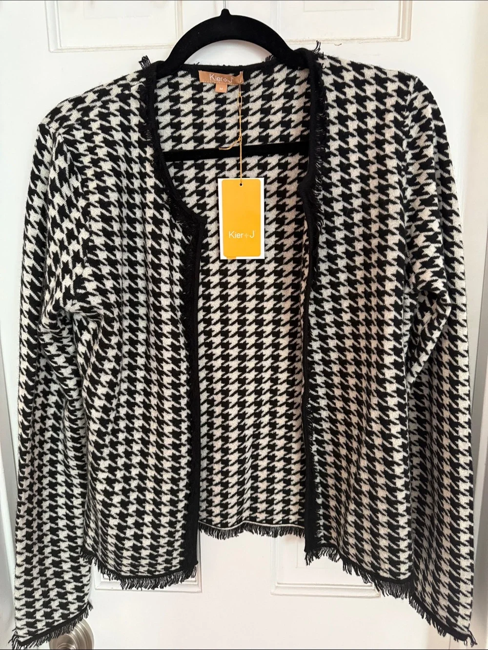 KIER + J Black and White Houndstooth Fringe Open-Front Cardigan